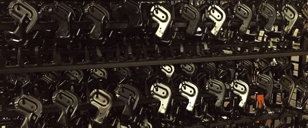 Small parts racked for electrocoating at Powder Cote II