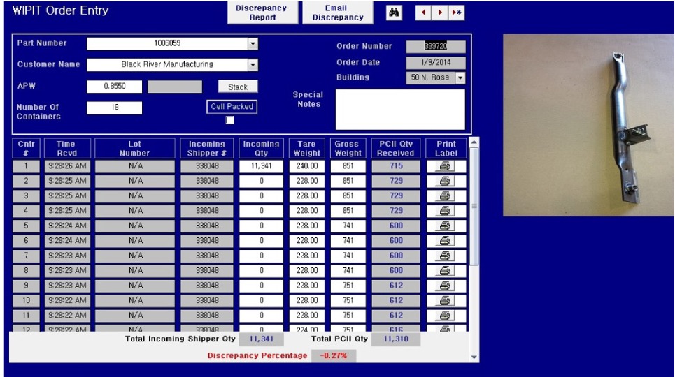 WIPIT software - order entry and inventory tracking screen